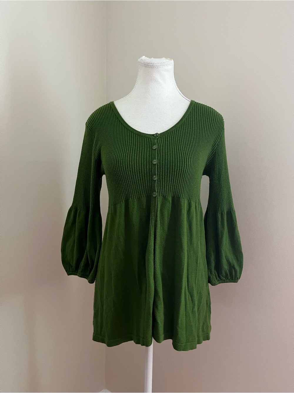 Olive Green Button-Front Knit Peasant Top